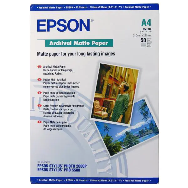 ⁨Epson Archival Matte Paper, white, 50, pc(s) Pc(s), C13S041342, inkjet printer, 210x297mm (A4), A4, 190 g/m2⁩ at Wasserman.eu