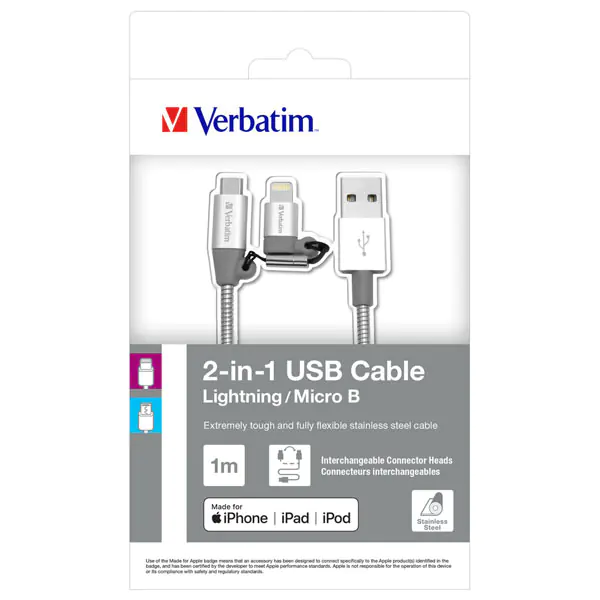 ⁨Verbatim USB kabel (2.0), USB A M - microUSB (M) + Apple Lightning (M), 1m, srebrny, box, 48869, 2 w 1 - regulowane złącze Lightni⁩ w sklepie Wasserman.eu