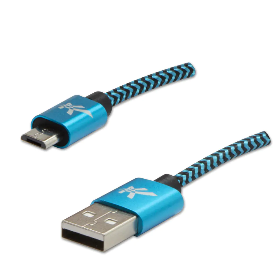 ⁨Logo USB kabel (2.0), USB A M - microUSB (M), 1m, 480 Mb/s, 5V/2A, niebieski, box, oplot nylonowy, aluminiowa osłona złącza⁩ w sklepie Wasserman.eu