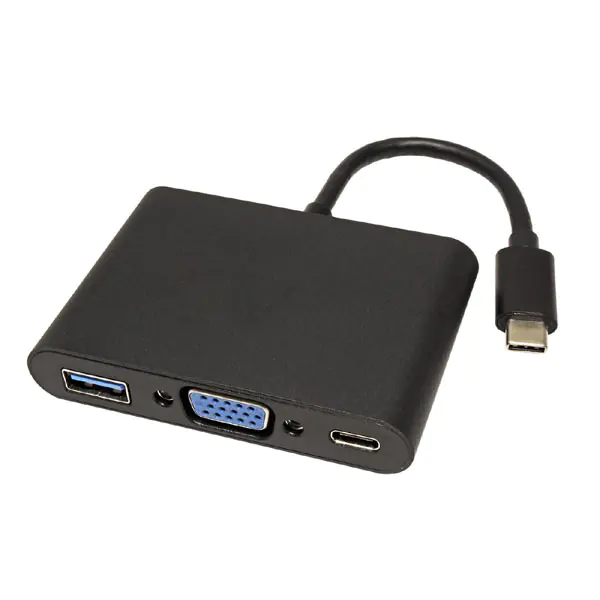 ⁨USB/Video Adapter  + HUB, DP Alt Mode, USB C (M) - VGA (D-sub) (F) + USB C (F) (PD) + USB A (F), czarny, plastic bag 2560x1600@60H⁩ w sklepie Wasserman.eu