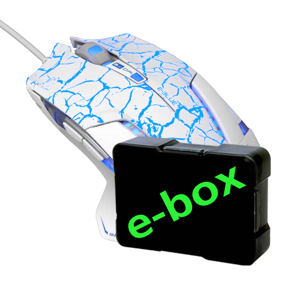 ⁨Mysz przewodowa USB, E-blue Mazer Pro, biało-niebieska, optyczna, 2500DPI, e-box⁩ w sklepie Wasserman.eu