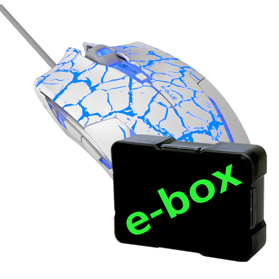 ⁨Mysz przewodowa, E-blue Cobra, biało-niebieska, optyczna, 2500DPI, e-box⁩ w sklepie Wasserman.eu