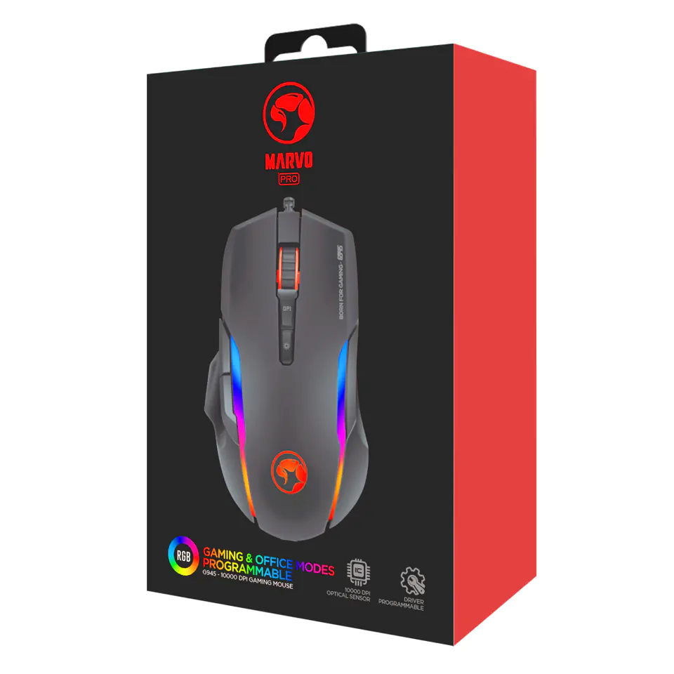 ⁨Marvo G945 Mouse, 10000DPI, Optical, 9 kl., USB cable, black, gaming, RGB backlight⁩ at Wasserman.eu