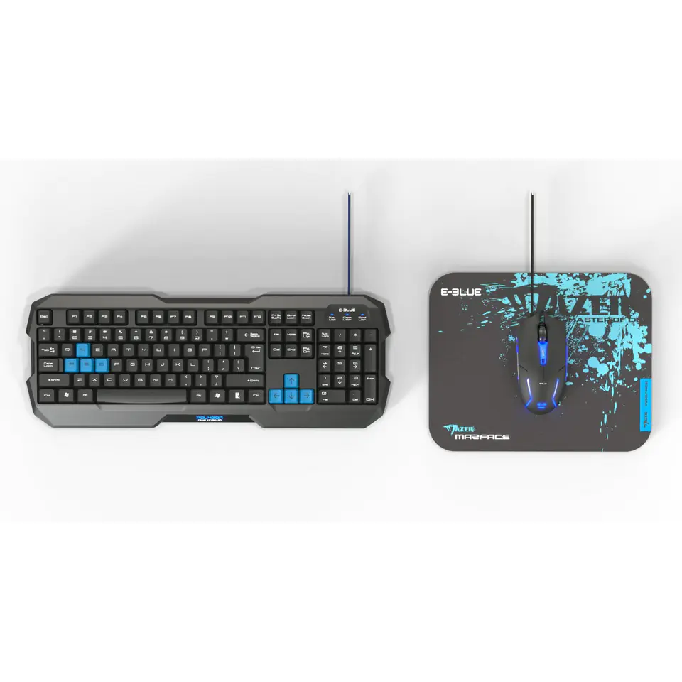 ⁨E-blue Polygon, keyboard set with mouse Cobra II, US, for gaming, with pad Mazer Marface S wired type (USB), black and sky⁩ at Wasserman.eu