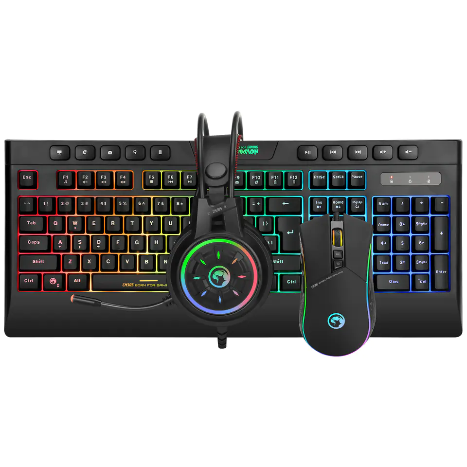 ⁨Marvo CM305, RGB keyboard + mouse and gaming headphone set, US, for gaming, membrane type wired (USB), black, RGB⁩ at Wasserman.eu