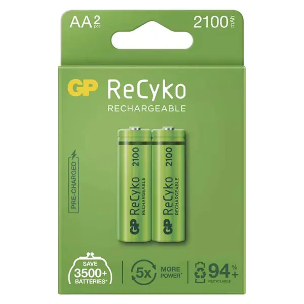 ⁨Rechargeable Batteries, AA (HR6), 1.2V, 2100 mAh, GP, Cardboard Box, 2-pack, ReCyko⁩ at Wasserman.eu
