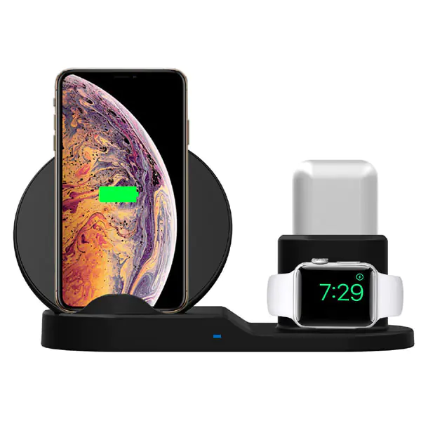 ⁨Bezprzewodowa ładowarka 3v1, do telefonów,  Apple Watch, czarna, 5/9V, 15W, Qi⁩ w sklepie Wasserman.eu