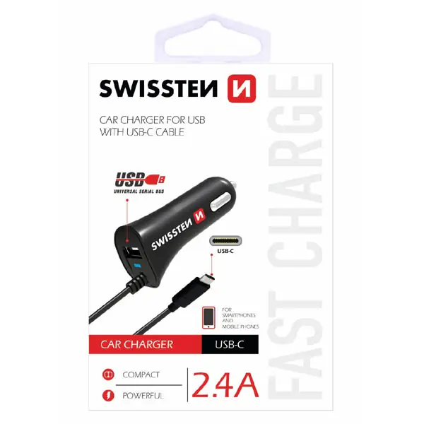 ⁨Ładowarka samochodowa SWISSTEN 12W, 1 port, USB-A, kabel USB-C⁩ w sklepie Wasserman.eu