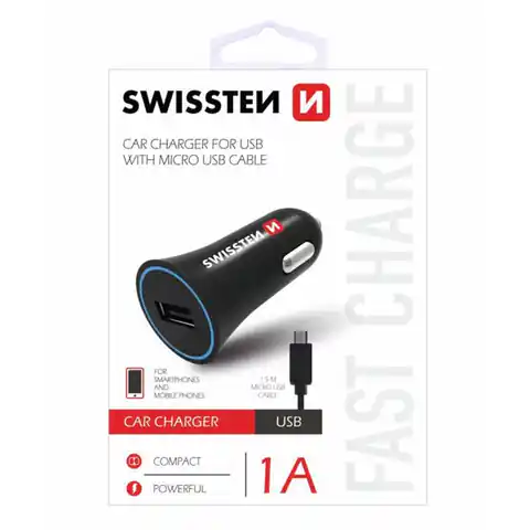 ⁨Ładowarka samochodowa SWISSTEN 5W, 1 port, USB-A, kabel microUSB⁩ w sklepie Wasserman.eu