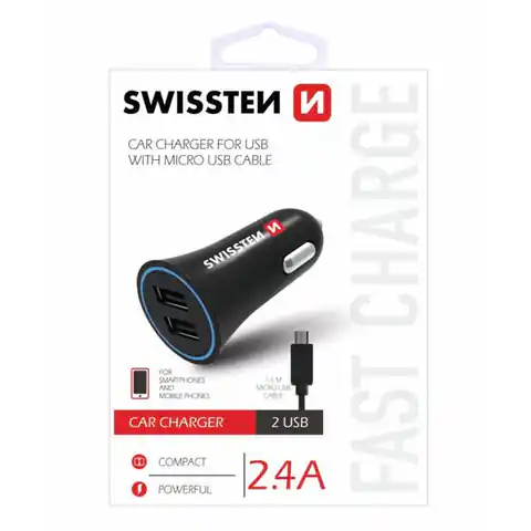 ⁨Ładowarka samochodowa SWISSTEN 12W, 2-portowy, USB-A, kabel microUSB⁩ w sklepie Wasserman.eu