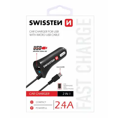 ⁨Ładowarka samochodowa SWISSTEN 12W, 1 port, USB-A, kabel microUSB⁩ w sklepie Wasserman.eu