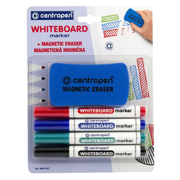 ⁨Centropen, zestaw markerów do tablic whiteboard 8559, color, 4szt, 2.5mm, zestaw markery na bazie alko + gąbka magnetyczna⁩ w sklepie Wasserman.eu