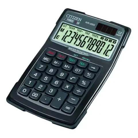 ⁨Citizen Kalkulator WR3000, czarna, biurkowy z obliczaniem VAT, 12 miejsc, wodoodporny, odporny na kurz i piasek⁩ w sklepie Wasserman.eu