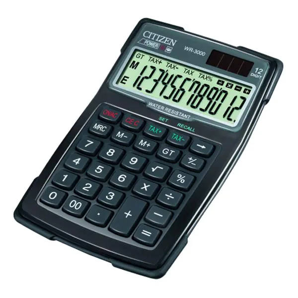 ⁨Citizen Calculator WR3000, black, desk with VAT calculation, 12 seats, waterproof, resistant to dust and sand⁩ at Wasserman.eu