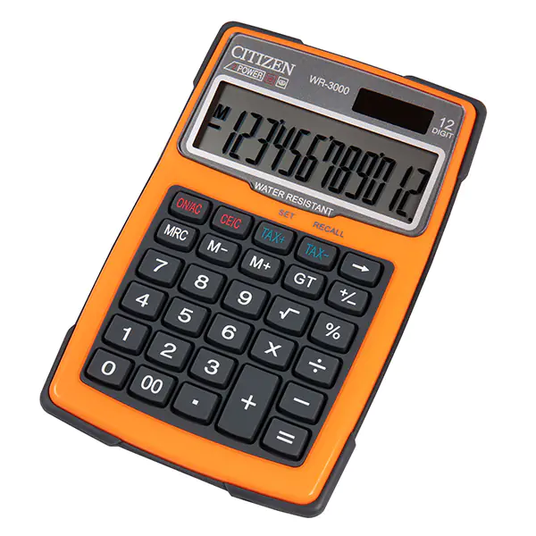 ⁨Citizen WR3000NRORE Calculator, orange, desk with VAT calculation, 12 seats, waterproof, dust and sand resistant⁩ at Wasserman.eu