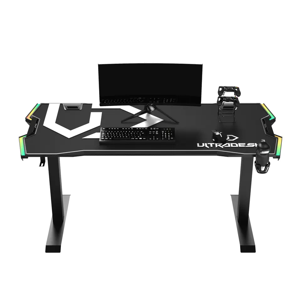 ⁨ULTRADESK Biurko dla gracza Force - Czarny, 166x70 cm, 66-86 cm, 5 poziomów wysokości, z podkładką pod mysz XXL, podświetlenie RGB⁩ w sklepie Wasserman.eu