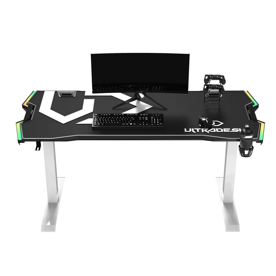 ⁨ULTRADESK Biurko dla gracza FORCE SNOW - białe, 166x70 cm, 66-86 cm, 5 poziomów wysokości, z podkładką pod mysz XXL, podświetlenie⁩ w sklepie Wasserman.eu