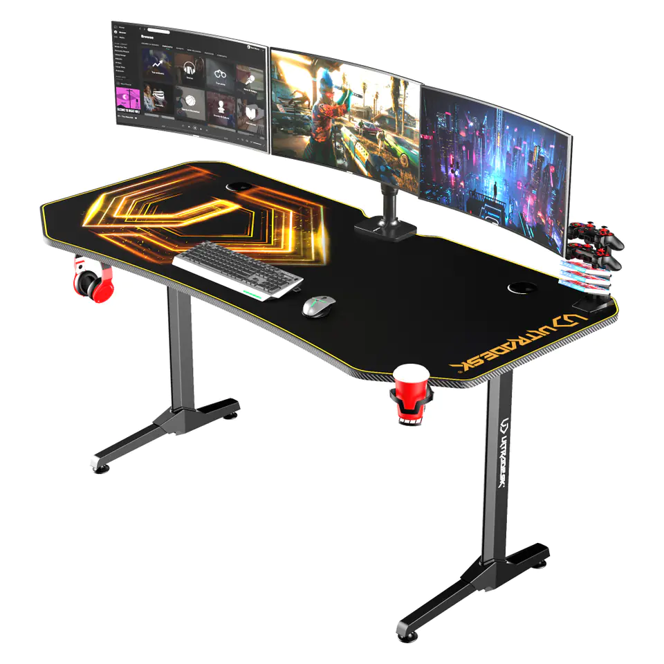 ⁨ULTRADESK Biurko dla gracza FRAG XXL GOLD, 160 x 75 cm, 75 cm, uchwyty na słuchawki i napoje, z podkładką XXL na cały pulpit⁩ w sklepie Wasserman.eu