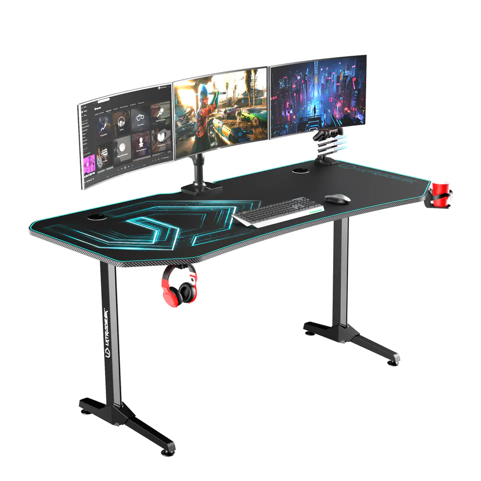 ⁨ULTRADESK FRAG XXL BLUE gaming desk, 160 x 75 cm, 75 cm, headphone and drink holders, with XXL pad for the entire desktop⁩ at Wasserman.eu