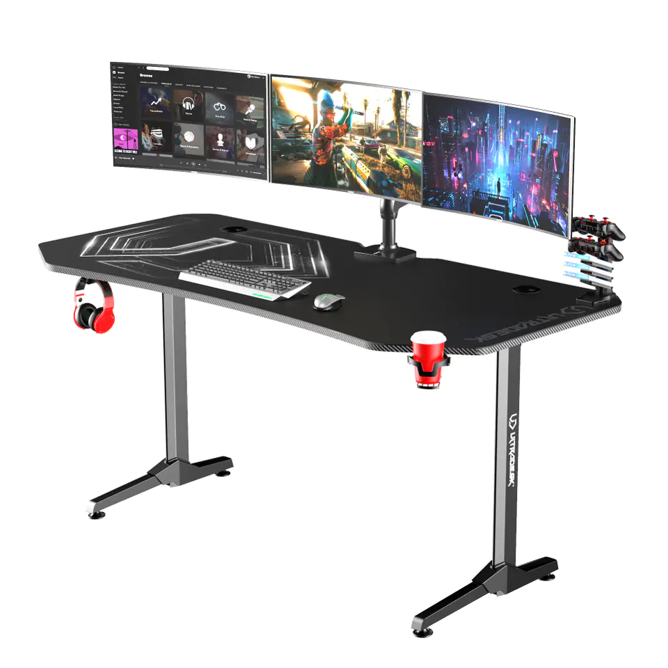 ⁨ULTRADESK Biurko dla gracza FRAG XXL BLACK, 160 x 75 cm, 75 cm, uchwyty na słuchawki i napoje, z podkładką XXL na cały pulpit⁩ w sklepie Wasserman.eu