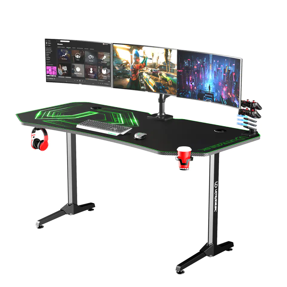 ⁨ULTRADESK Biurko dla gracza FRAG XXL GREEN, 160 x 75 cm, 75 cm, uchwyty na słuchawki i napoje, z podkładką XXL na cały pulpit⁩ w sklepie Wasserman.eu