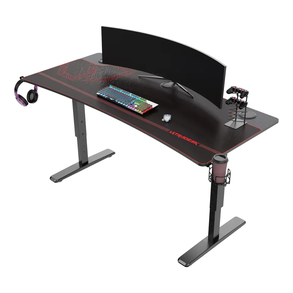 ⁨ULTRADESK Biurko dla gracza Ultradesk CRUISER RED, 160x70 cm, 66-82 cm, uchwyt na słuchawki, 3 otwory na kable, regulacja wysokośc⁩ w sklepie Wasserman.eu