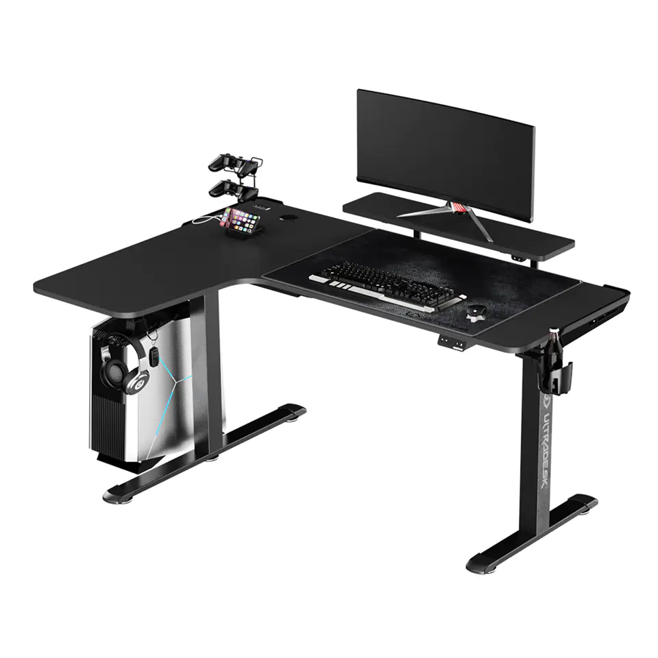 ⁨ULTRADESK Biurko dla gracza WINGER - czarny, 111x155x60 cm, 75-122 cm, elektycznie regulowany, podświetlenie RGB, uchwyt na słucha⁩ w sklepie Wasserman.eu