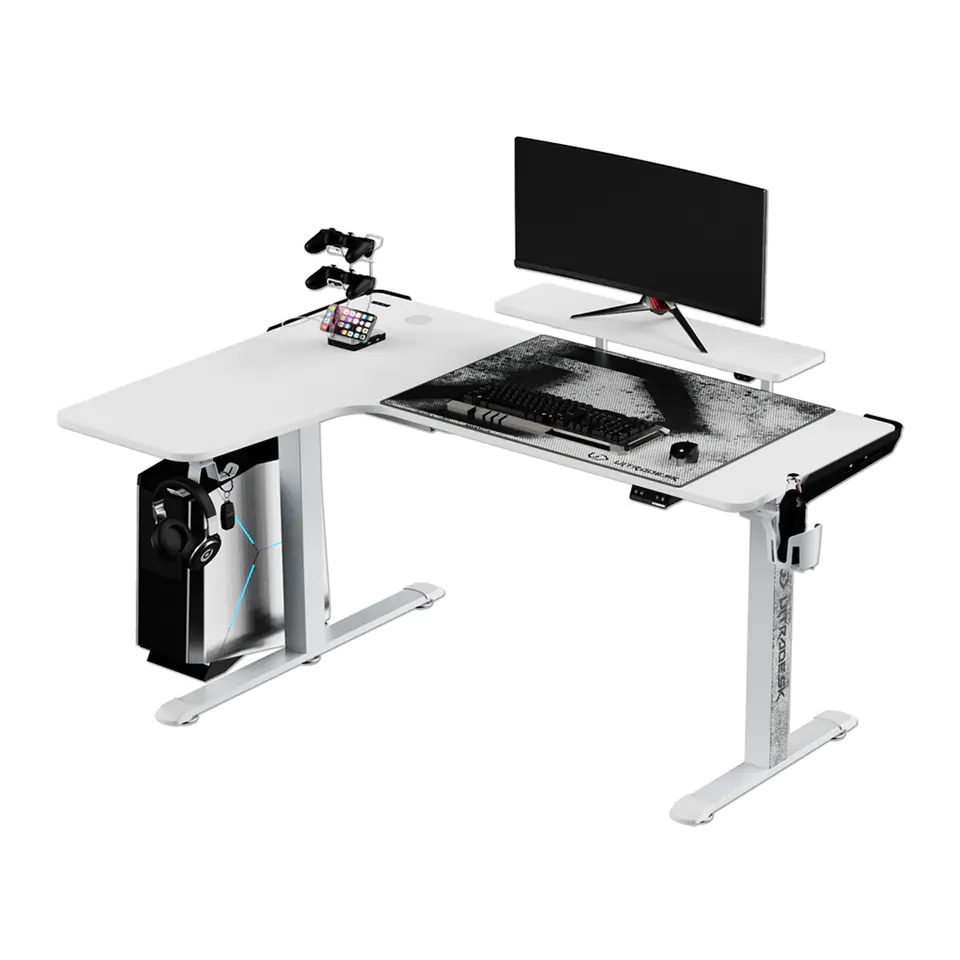 ⁨ULTRADESK Biurko dla gracza WINGER - biały, 111x155x60 cm, 75-122 cm, elektycznie regulowany, podświetlenie RGB, uchwyt na słuchaw⁩ w sklepie Wasserman.eu