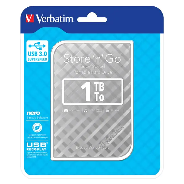 ⁨Verbatim Store 'n' Go USB 3.0 Hard Drive 1TB Silver⁩ at Wasserman.eu