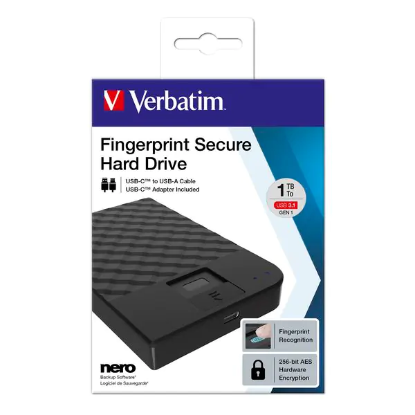 ⁨Verbatim zewnętrzny dysk twardy, Fingerprint Secure HDD, 2.5", USB 3.0 (3.2 Gen 1), 1TB, 53650, czarny, szyfrowany z czytnikiem li⁩ w sklepie Wasserman.eu
