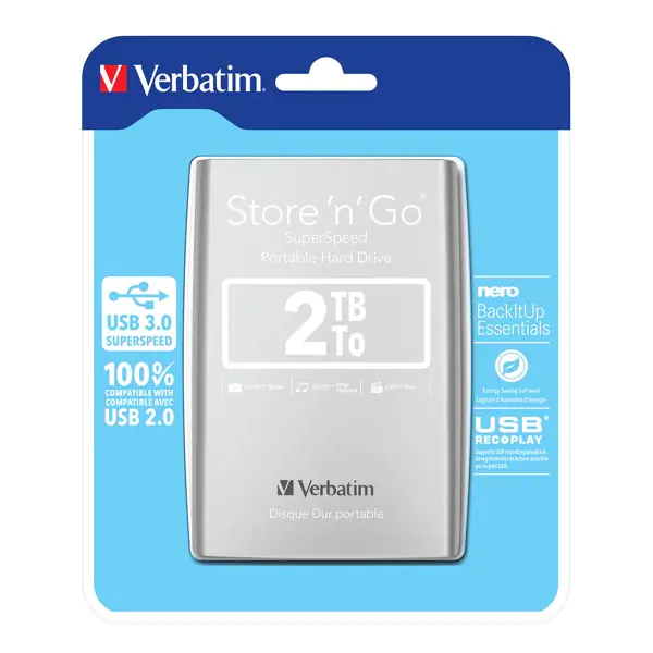 ⁨Verbatim zewnętrzny dysk twardy, Store N Go, 2.5", USB 3.0 (3.2 Gen 1), 2TB, 53189, srebrny⁩ w sklepie Wasserman.eu