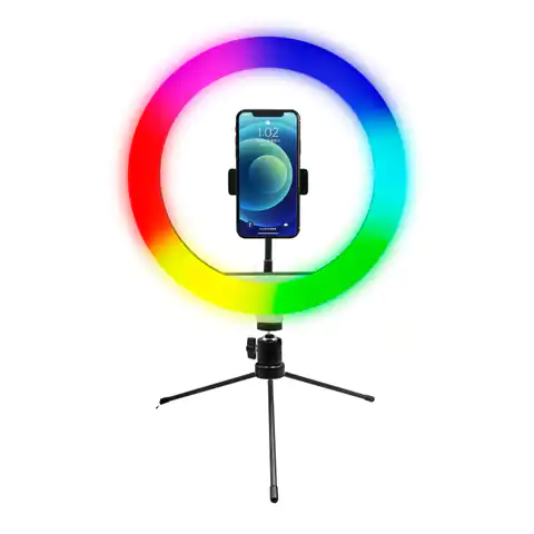 ⁨Powerton lampa pierścieniowa 10 ", RGB LED, niska, regulacja barwy i intensywności światła, uchwyt telefonu i tripod⁩ w sklepie Wasserman.eu