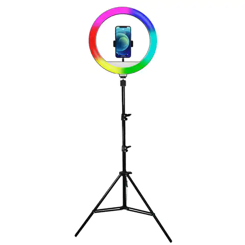 ⁨Powerton lampa pierścieniowa 13", RGB LED, duże, regulacja barwy i intensywności światła, uchwyt telefonu i statyw⁩ w sklepie Wasserman.eu
