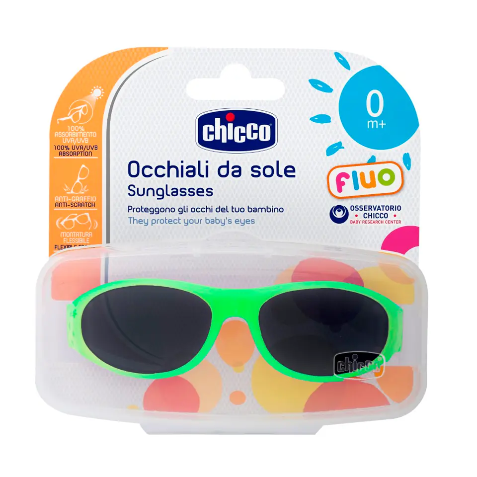 ⁨CHICCO FLUO 0M+ Okulary przeciwsłoneczne, zielone, ochrona UV, elastyczne oprawki⁩ w sklepie Wasserman.eu