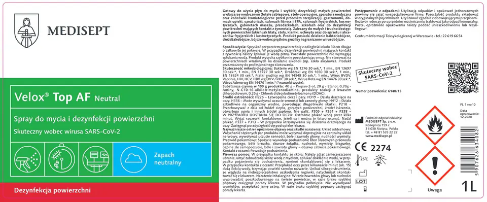 ⁨Velox Top AF-1 l. Medisept ze spryskiwaczem Preparat do dezynfekcji i mycia powierzchni nieinwazyjnych wyrobów medycznych⁩ w sklepie Wasserman.eu