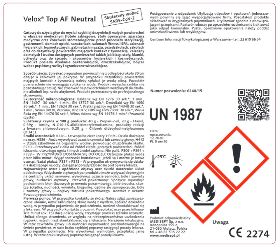 ⁨Velox Top AF Neutral  Medisept  -5 l. Preparat do dezynfekcji i mycia powierzchni nieinwazyjnych wyrobów medycznych⁩ w sklepie Wasserman.eu