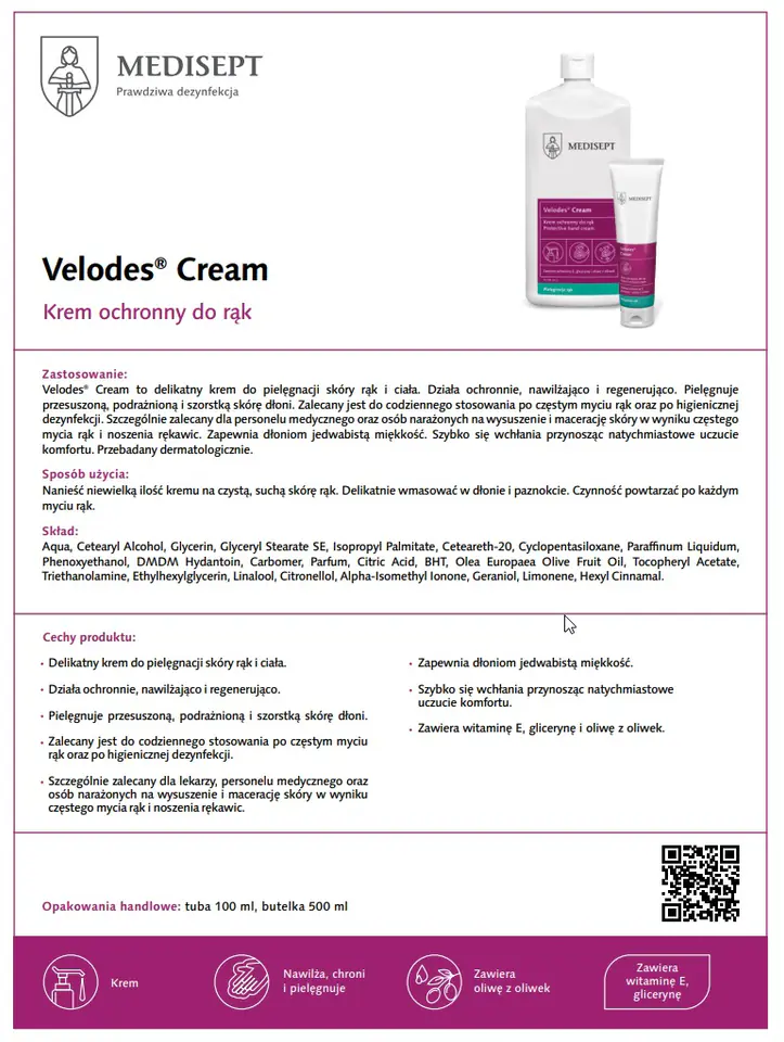 ⁨Medisept Velodes Cream-500 ml Delikatny krem do pielęgnacji skóry rąk i ciała⁩ w sklepie Wasserman.eu