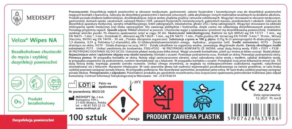 ⁨MEDISEPT VELOX WIPES Chusteczki dezynfekujące bez alkoholu, puszka, do powierzchni⁩ w sklepie Wasserman.eu