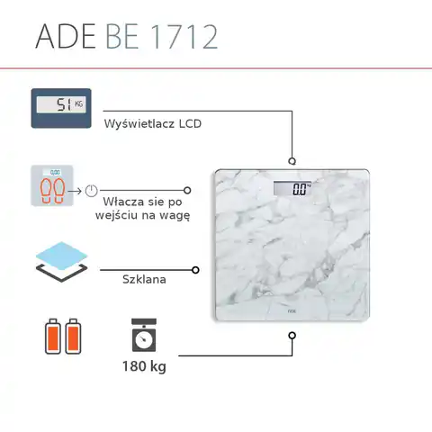 ⁨ADE BE1712 BE1711 Aurora-biały Biała, marmurowa, cyfrowa waga łazienkowa⁩ w sklepie Wasserman.eu