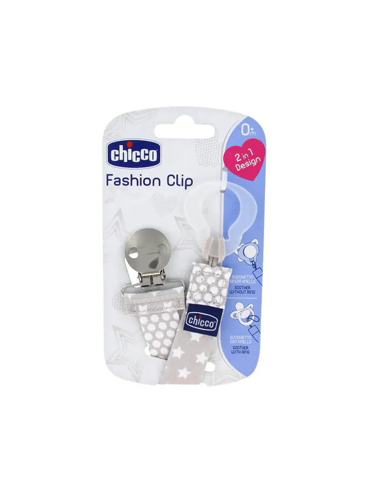 CHICCO 0M+ Tasiemka do smoczków, szara, uniwersalna, dwustronna, pastelowy design w sklepie Wasserman.eu