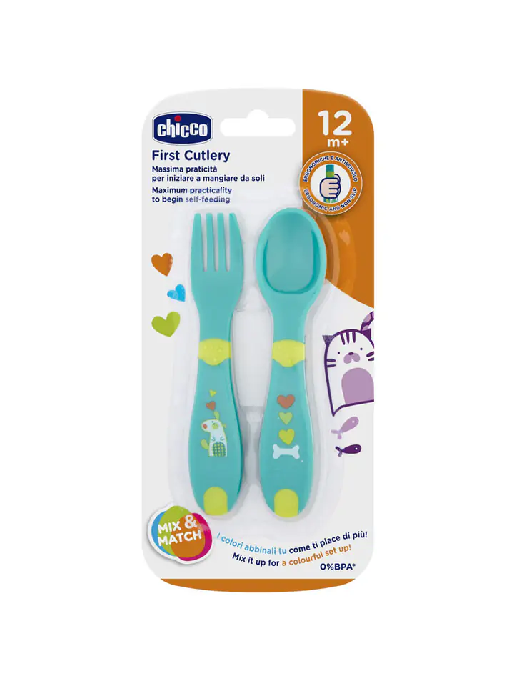 ⁨CHICCO 12M+ Pierwsze plastikowe sztućce dla dzieci, uniwersalny kolor⁩ w sklepie Wasserman.eu