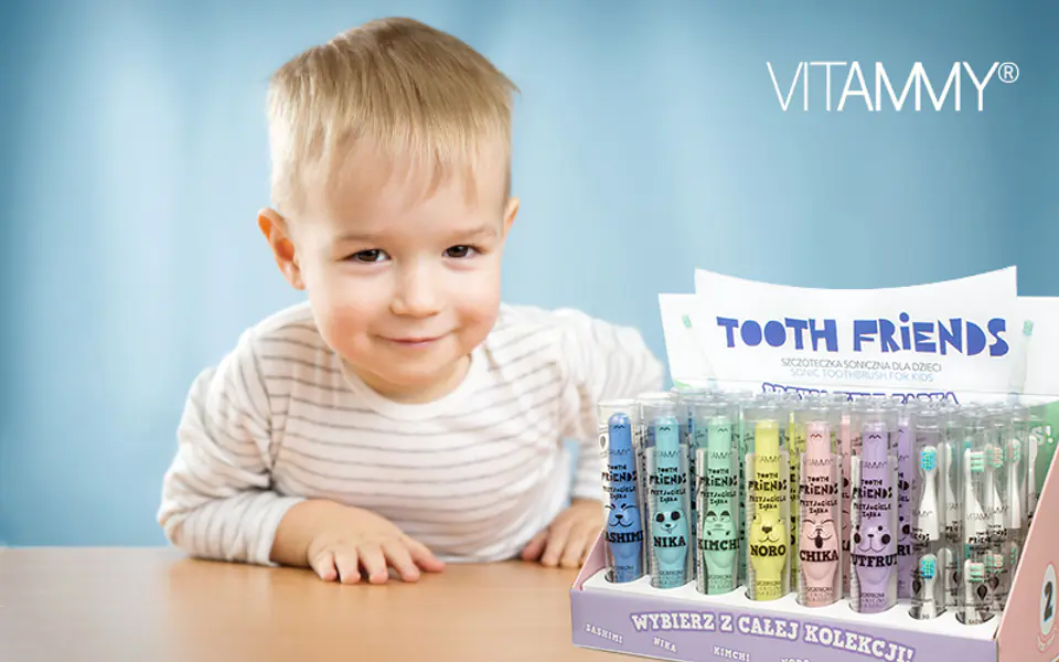 ⁨VITAMMY TOOTH FRIENDS Szczoteczka soniczna do zębów 3+, display 18 szt + 8 op. końcówek⁩ w sklepie Wasserman.eu
