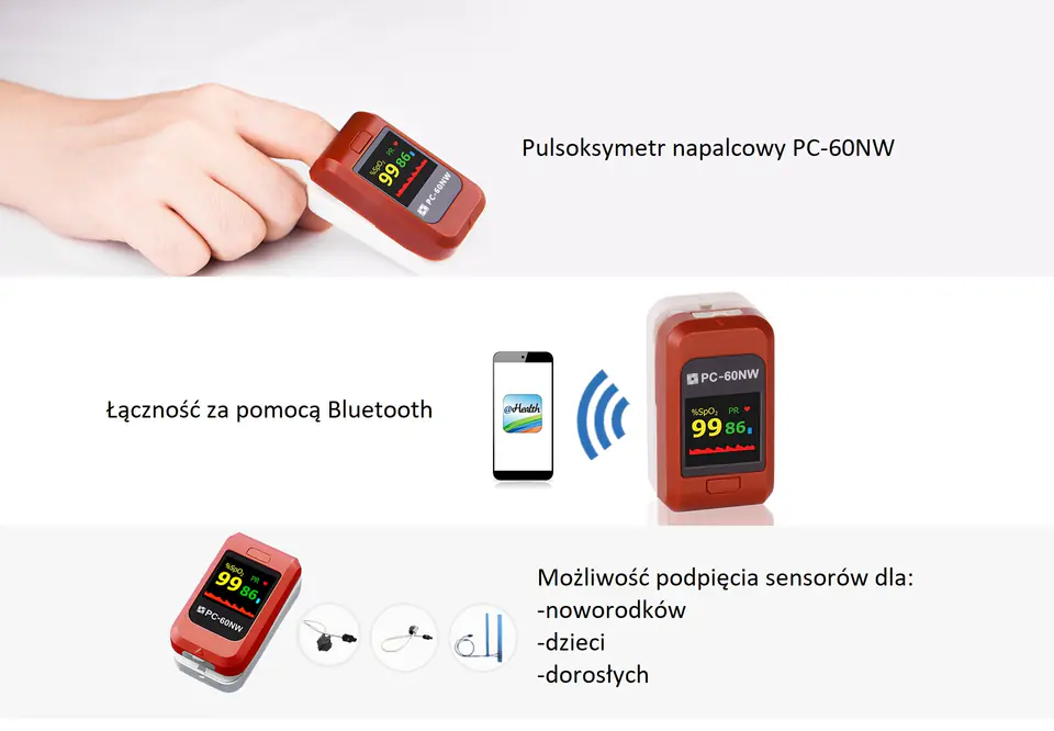 ⁨CREATIVE MEDICAL PC-60NW Pulsoksymetr z bluetooth i opcją podłączenia czujników SpO2⁩ w sklepie Wasserman.eu