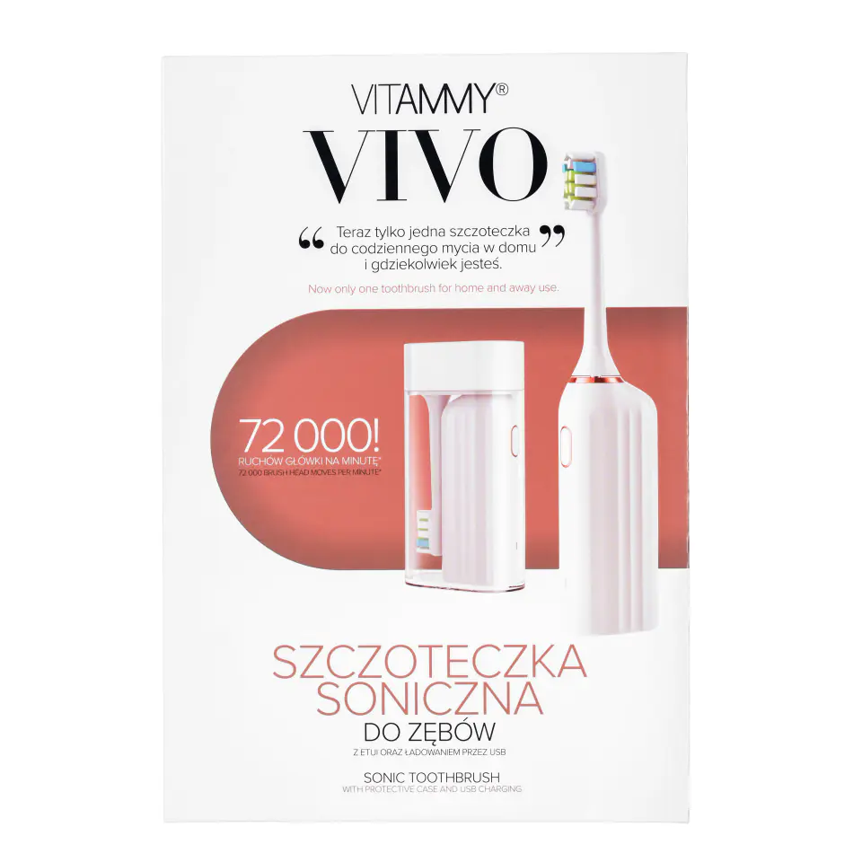 ⁨VITAMMY VIVO WHITE Szczoteczka soniczna do zębów, 72k ruchów, ładowanie USB-C, etui⁩ w sklepie Wasserman.eu