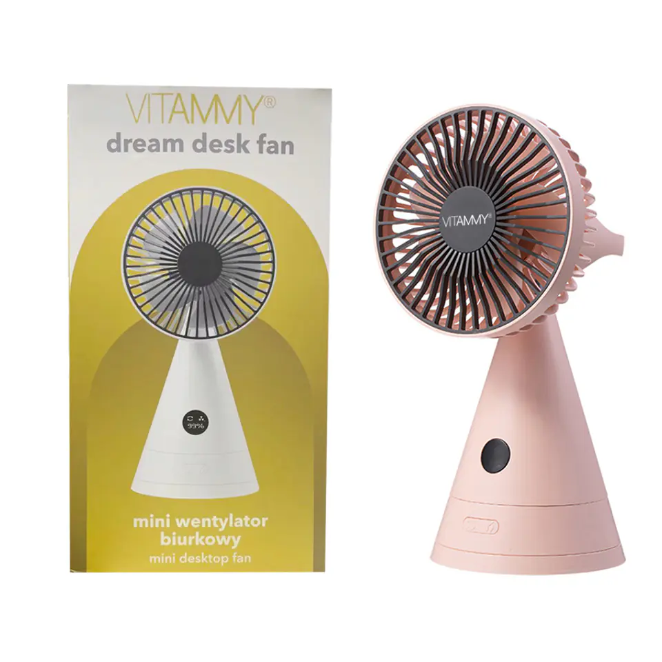 ⁨VITAMMY DREAM DESK FAN RÓŻOWY Mini wentylator biurkowy USB, 3 tryby, z lustrem i LCD⁩ w sklepie Wasserman.eu