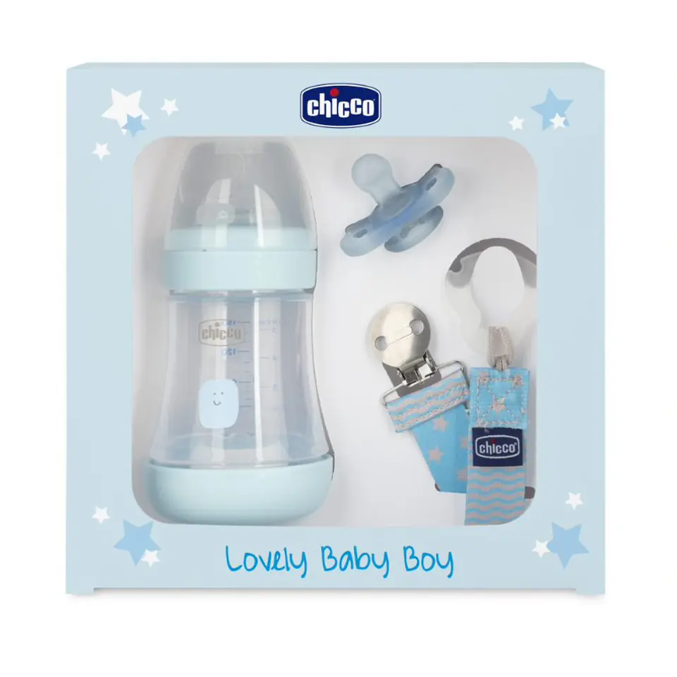 ⁨CHICCO ZESTAW DLA NOWORODKA BOY Butelka antykolkowa Perfect5 + smoczek mini soft + tasiemka⁩ w sklepie Wasserman.eu