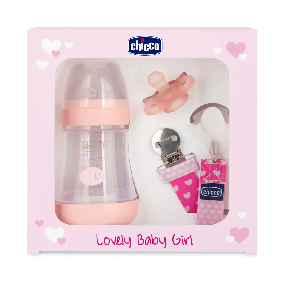 ⁨CHICCO ZESTAW DLA NOWORODKA GIRL Butelka antykolkowa Perfect5 + smoczek mini soft + tasiemka⁩ w sklepie Wasserman.eu