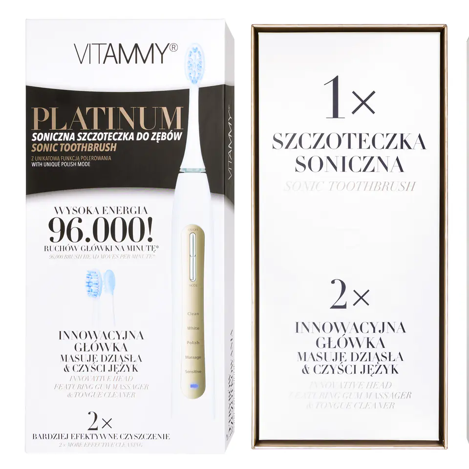 ⁨VITAMMY PLATINUM Szczoteczka soniczna do zębów, 5 trybów, IPX7, 96 000 ruchów/min⁩ w sklepie Wasserman.eu