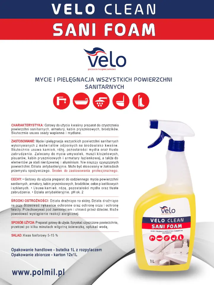 ⁨VELO CLEAN SANI FOAM 1l  Gotowy do użycia preparat do czyszczenia powierzchni sanitarnych⁩ w sklepie Wasserman.eu