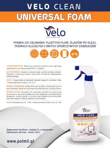 ⁨VELO CLEAN UNIVERSAL FOAM 1l  alkaliczna pianka ogólnego zastos. do mycia powierzchni i urządzeń⁩ w sklepie Wasserman.eu